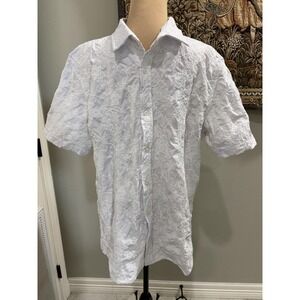 Benjamin Black Shirt Mens XL White Embroidered Floral Button Front Short Sleeve